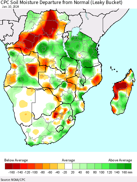 Southern Africa CPC Soil Moisture Departure from Normal (Leaky Bucket) Thematic Map For 1/6/2024 - 1/10/2024