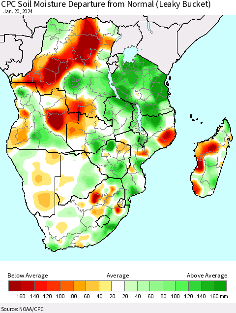 Southern Africa CPC Soil Moisture Departure from Normal (Leaky Bucket) Thematic Map For 1/16/2024 - 1/20/2024
