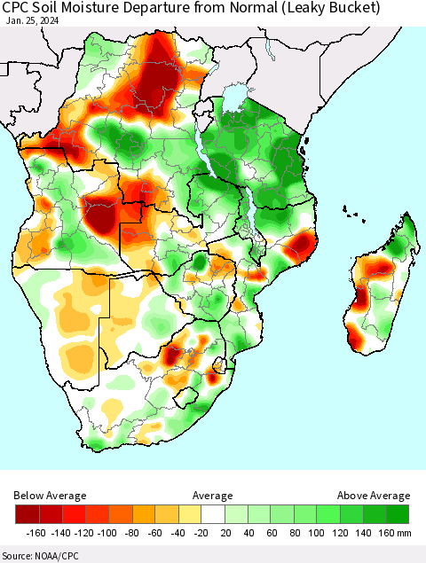 Southern Africa CPC Soil Moisture Departure from Normal (Leaky Bucket) Thematic Map For 1/21/2024 - 1/25/2024