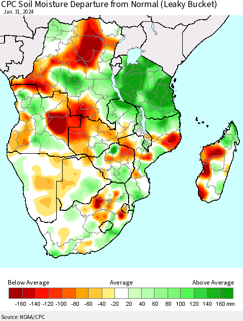 Southern Africa CPC Soil Moisture Departure from Normal (Leaky Bucket) Thematic Map For 1/26/2024 - 1/31/2024