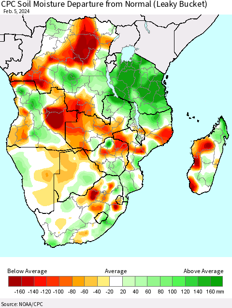 Southern Africa CPC Soil Moisture Departure from Normal (Leaky Bucket) Thematic Map For 2/1/2024 - 2/5/2024