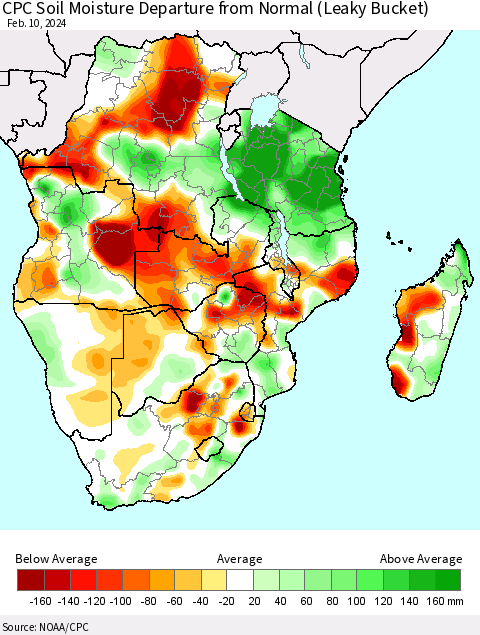 Southern Africa CPC Soil Moisture Departure from Normal (Leaky Bucket) Thematic Map For 2/6/2024 - 2/10/2024