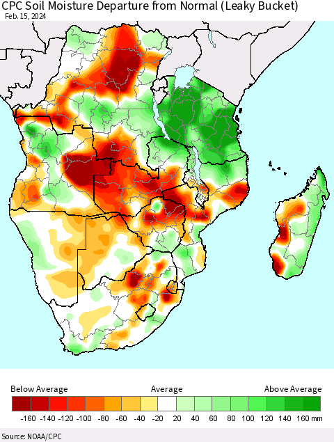 Southern Africa CPC Soil Moisture Departure from Normal (Leaky Bucket) Thematic Map For 2/11/2024 - 2/15/2024