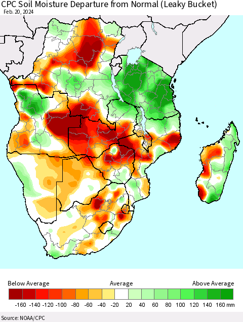 Southern Africa CPC Soil Moisture Departure from Normal (Leaky Bucket) Thematic Map For 2/16/2024 - 2/20/2024