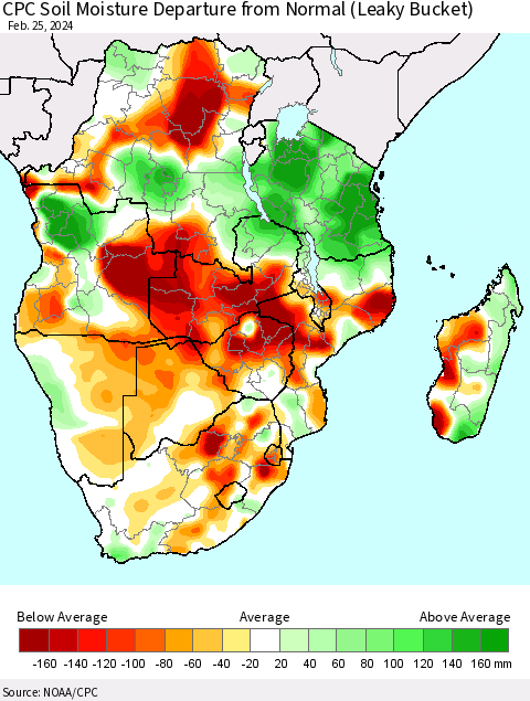 Southern Africa CPC Soil Moisture Departure from Normal (Leaky Bucket) Thematic Map For 2/21/2024 - 2/25/2024