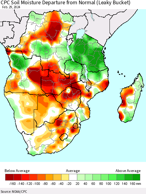 Southern Africa CPC Soil Moisture Departure from Normal (Leaky Bucket) Thematic Map For 2/26/2024 - 2/29/2024