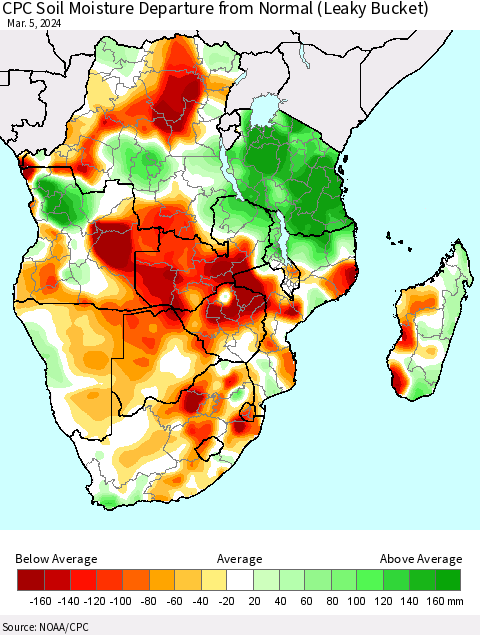 Southern Africa CPC Soil Moisture Departure from Normal (Leaky Bucket) Thematic Map For 3/1/2024 - 3/5/2024