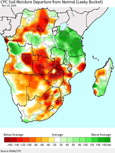 Southern Africa CPC Soil Moisture Departure from Normal (Leaky Bucket) Thematic Map For 3/6/2024 - 3/10/2024