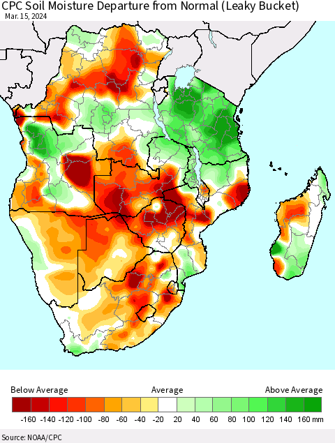 Southern Africa CPC Soil Moisture Departure from Normal (Leaky Bucket) Thematic Map For 3/11/2024 - 3/15/2024