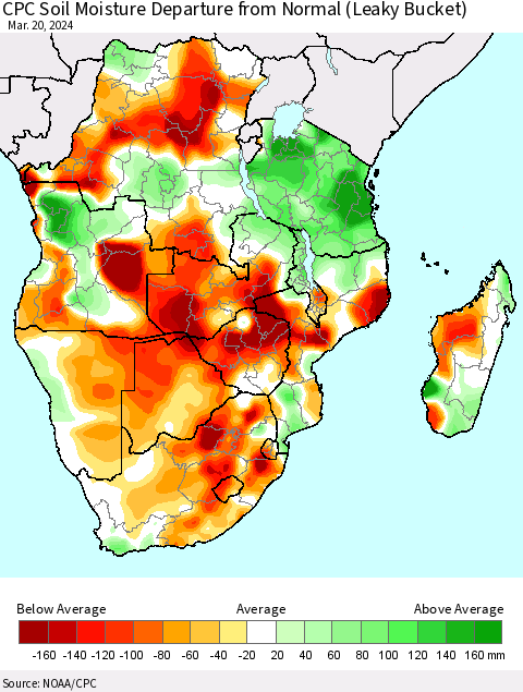 Southern Africa CPC Soil Moisture Departure from Normal (Leaky Bucket) Thematic Map For 3/16/2024 - 3/20/2024