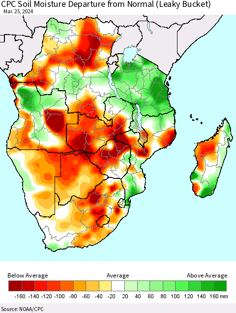 Southern Africa CPC Soil Moisture Departure from Normal (Leaky Bucket) Thematic Map For 3/21/2024 - 3/25/2024
