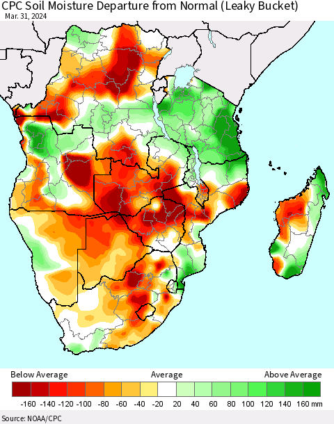 Southern Africa CPC Soil Moisture Departure from Normal (Leaky Bucket) Thematic Map For 3/26/2024 - 3/31/2024