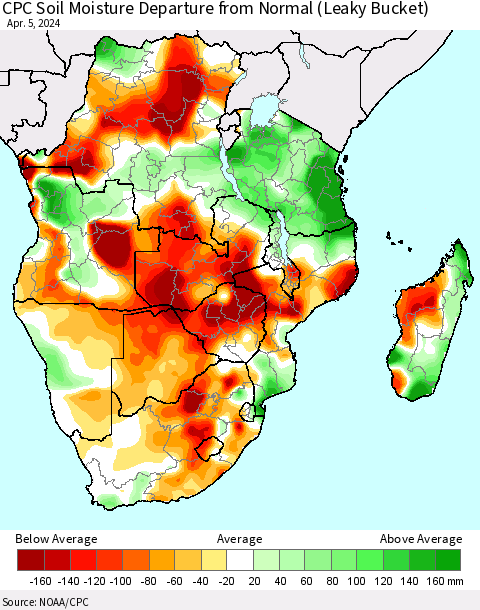 Southern Africa CPC Soil Moisture Departure from Normal (Leaky Bucket) Thematic Map For 4/1/2024 - 4/5/2024
