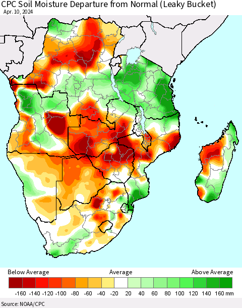 Southern Africa CPC Soil Moisture Departure from Normal (Leaky Bucket) Thematic Map For 4/6/2024 - 4/10/2024
