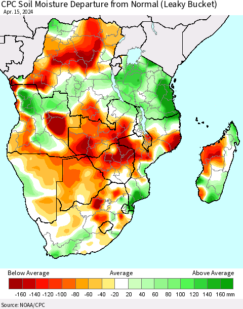 Southern Africa CPC Soil Moisture Departure from Normal (Leaky Bucket) Thematic Map For 4/11/2024 - 4/15/2024