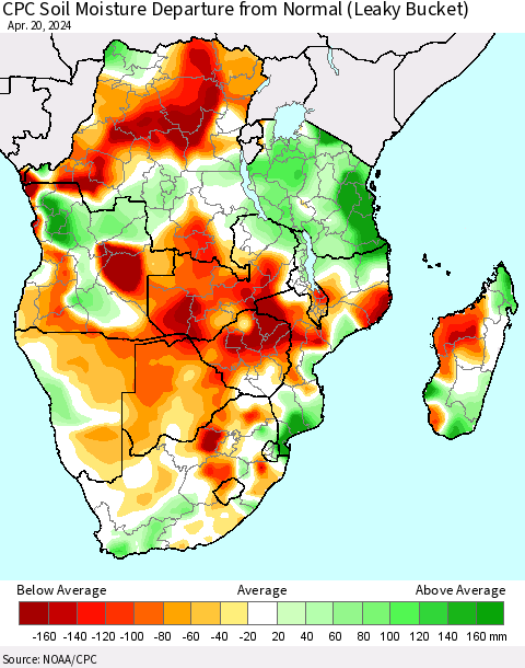 Southern Africa CPC Soil Moisture Departure from Normal (Leaky Bucket) Thematic Map For 4/16/2024 - 4/20/2024
