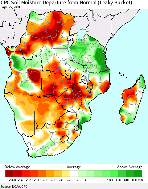 Southern Africa CPC Soil Moisture Departure from Normal (Leaky Bucket) Thematic Map For 4/21/2024 - 4/25/2024