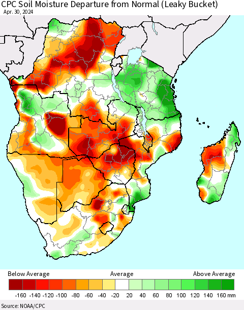 Southern Africa CPC Soil Moisture Departure from Normal (Leaky Bucket) Thematic Map For 4/26/2024 - 4/30/2024