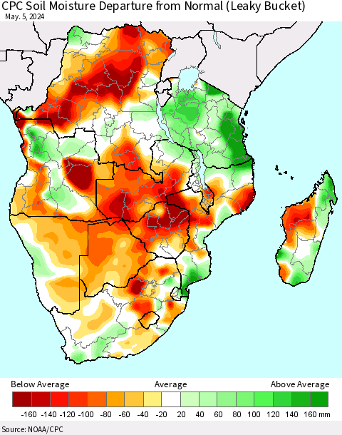 Southern Africa CPC Soil Moisture Departure from Normal (Leaky Bucket) Thematic Map For 5/1/2024 - 5/5/2024