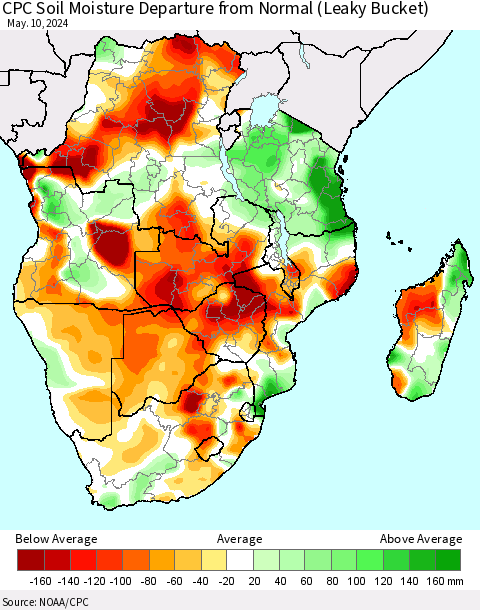 Southern Africa CPC Soil Moisture Departure from Normal (Leaky Bucket) Thematic Map For 5/6/2024 - 5/10/2024