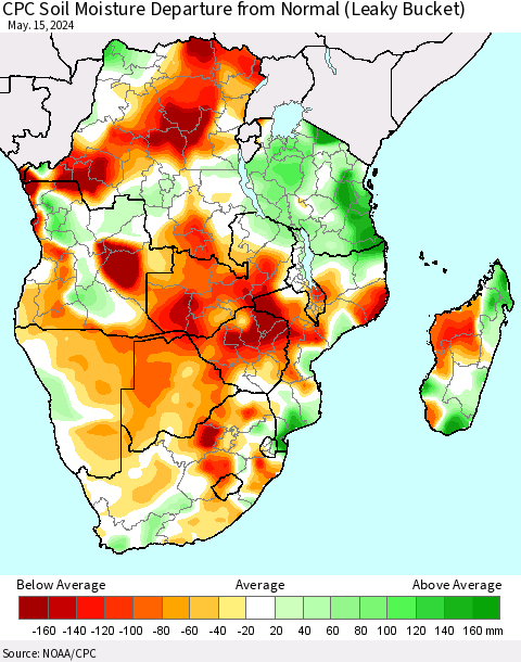 Southern Africa CPC Soil Moisture Departure from Normal (Leaky Bucket) Thematic Map For 5/11/2024 - 5/15/2024