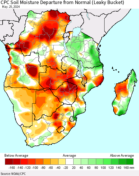 Southern Africa CPC Soil Moisture Departure from Normal (Leaky Bucket) Thematic Map For 5/21/2024 - 5/25/2024