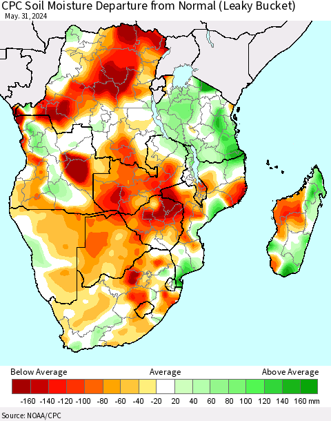 Southern Africa CPC Soil Moisture Departure from Normal (Leaky Bucket) Thematic Map For 5/26/2024 - 5/31/2024