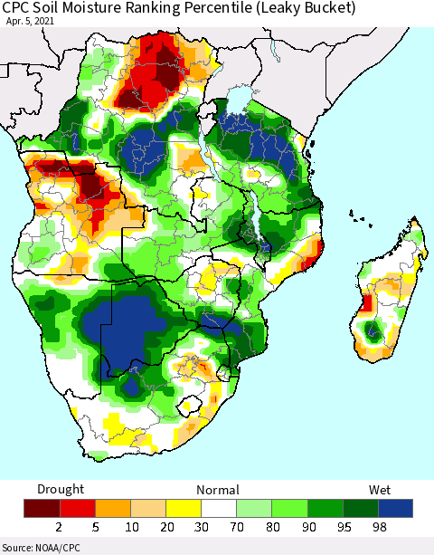 Southern Africa CPC Soil Moisture Ranking Percentile (Leaky Bucket) Thematic Map For 4/1/2021 - 4/5/2021