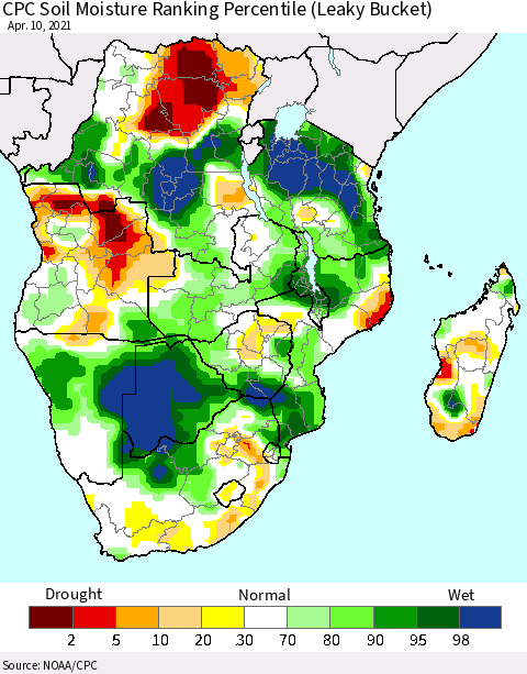 Southern Africa CPC Soil Moisture Ranking Percentile (Leaky Bucket) Thematic Map For 4/6/2021 - 4/10/2021