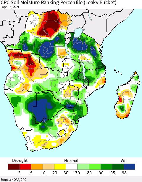 Southern Africa CPC Soil Moisture Ranking Percentile (Leaky Bucket) Thematic Map For 4/11/2021 - 4/15/2021