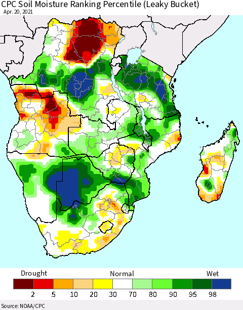Southern Africa CPC Soil Moisture Ranking Percentile (Leaky Bucket) Thematic Map For 4/16/2021 - 4/20/2021