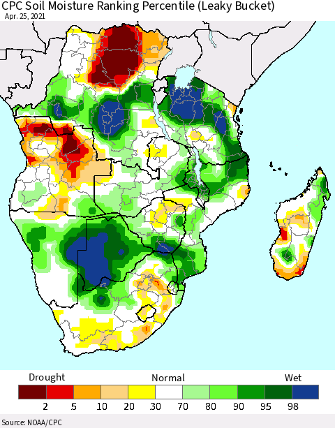 Southern Africa CPC Soil Moisture Ranking Percentile (Leaky Bucket) Thematic Map For 4/21/2021 - 4/25/2021