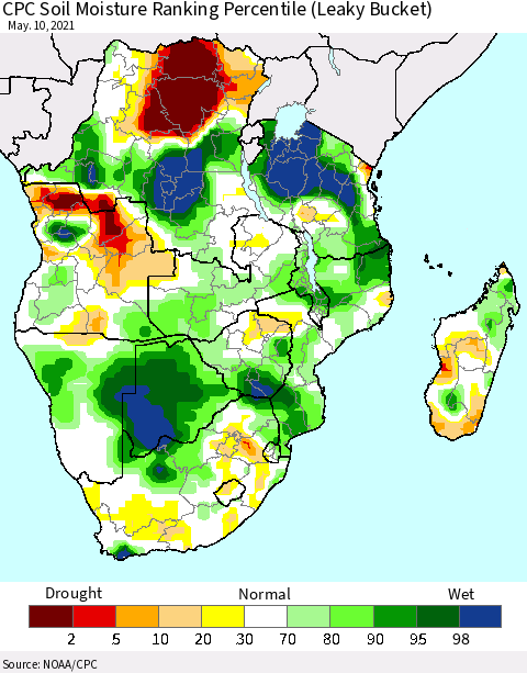 Southern Africa CPC Soil Moisture Ranking Percentile (Leaky Bucket) Thematic Map For 5/6/2021 - 5/10/2021