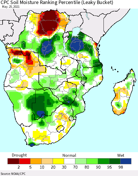 Southern Africa CPC Soil Moisture Ranking Percentile (Leaky Bucket) Thematic Map For 5/21/2021 - 5/25/2021