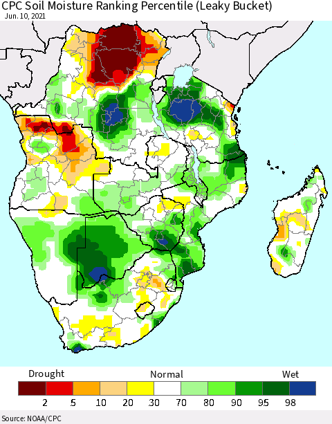 Southern Africa CPC Soil Moisture Ranking Percentile (Leaky Bucket) Thematic Map For 6/6/2021 - 6/10/2021