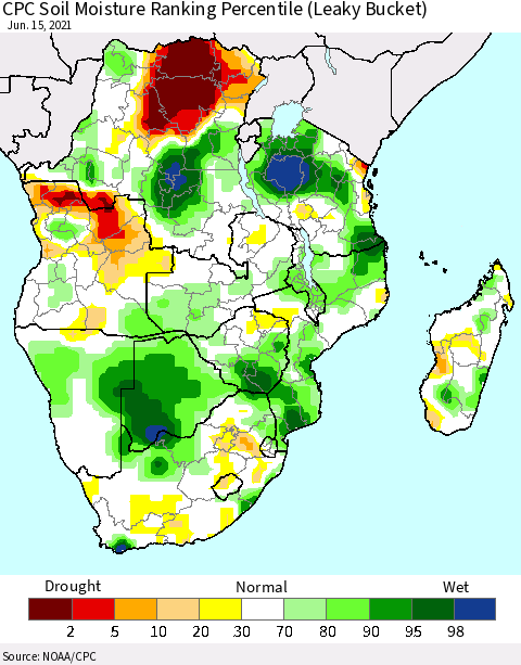 Southern Africa CPC Soil Moisture Ranking Percentile (Leaky Bucket) Thematic Map For 6/11/2021 - 6/15/2021