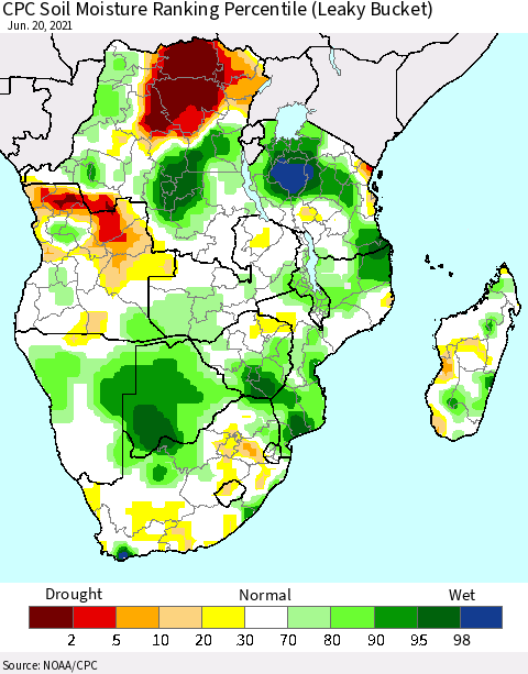 Southern Africa CPC Soil Moisture Ranking Percentile (Leaky Bucket) Thematic Map For 6/16/2021 - 6/20/2021