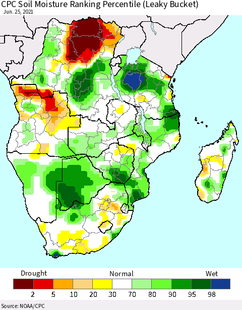 Southern Africa CPC Soil Moisture Ranking Percentile (Leaky Bucket) Thematic Map For 6/21/2021 - 6/25/2021