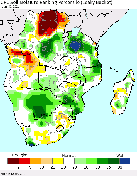Southern Africa CPC Soil Moisture Ranking Percentile (Leaky Bucket) Thematic Map For 6/26/2021 - 6/30/2021
