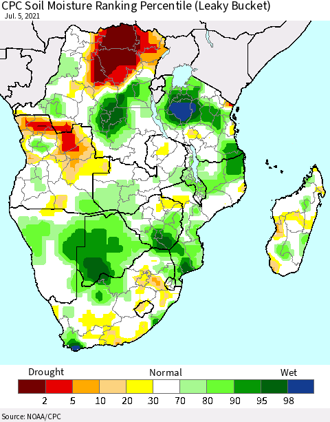 Southern Africa CPC Soil Moisture Ranking Percentile (Leaky Bucket) Thematic Map For 7/1/2021 - 7/5/2021