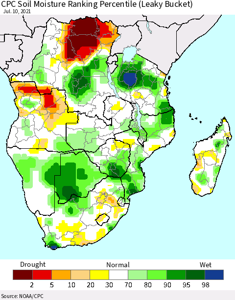 Southern Africa CPC Soil Moisture Ranking Percentile (Leaky Bucket) Thematic Map For 7/6/2021 - 7/10/2021