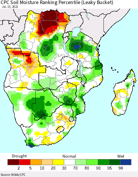 Southern Africa CPC Soil Moisture Ranking Percentile (Leaky Bucket) Thematic Map For 7/11/2021 - 7/15/2021