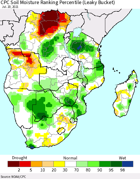 Southern Africa CPC Soil Moisture Ranking Percentile (Leaky Bucket) Thematic Map For 7/16/2021 - 7/20/2021