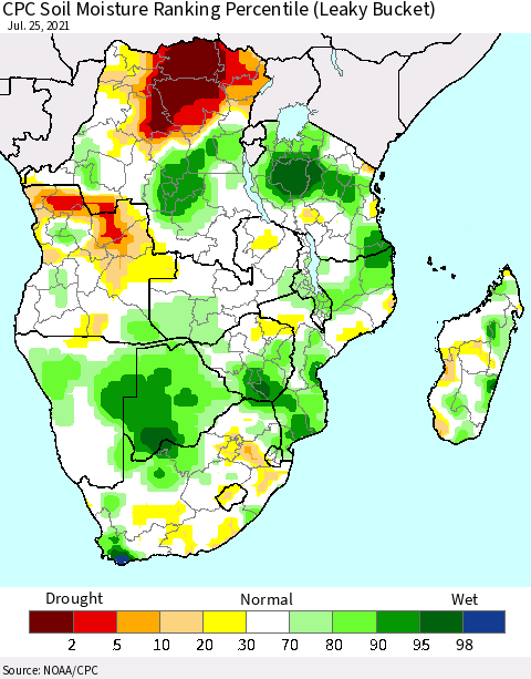Southern Africa CPC Soil Moisture Ranking Percentile (Leaky Bucket) Thematic Map For 7/21/2021 - 7/25/2021