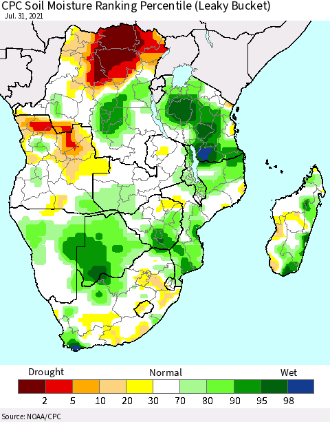 Southern Africa CPC Soil Moisture Ranking Percentile (Leaky Bucket) Thematic Map For 7/26/2021 - 7/31/2021