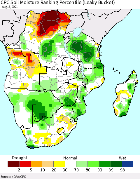 Southern Africa CPC Soil Moisture Ranking Percentile (Leaky Bucket) Thematic Map For 8/1/2021 - 8/5/2021