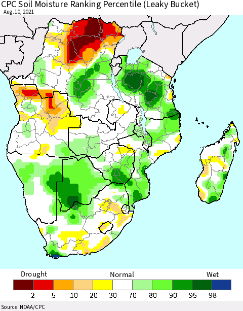 Southern Africa CPC Soil Moisture Ranking Percentile (Leaky Bucket) Thematic Map For 8/6/2021 - 8/10/2021