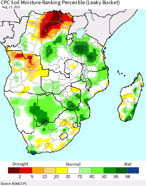 Southern Africa CPC Soil Moisture Ranking Percentile (Leaky Bucket) Thematic Map For 8/11/2021 - 8/15/2021