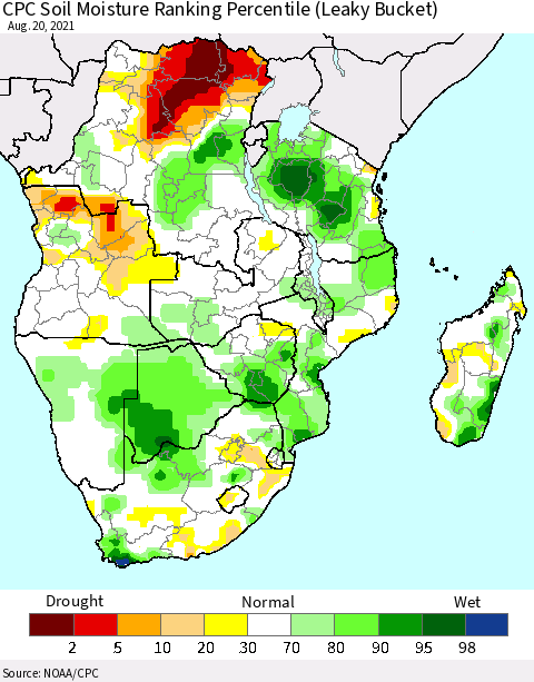 Southern Africa CPC Soil Moisture Ranking Percentile (Leaky Bucket) Thematic Map For 8/16/2021 - 8/20/2021
