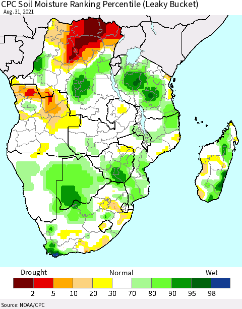 Southern Africa CPC Soil Moisture Ranking Percentile (Leaky Bucket) Thematic Map For 8/26/2021 - 8/31/2021